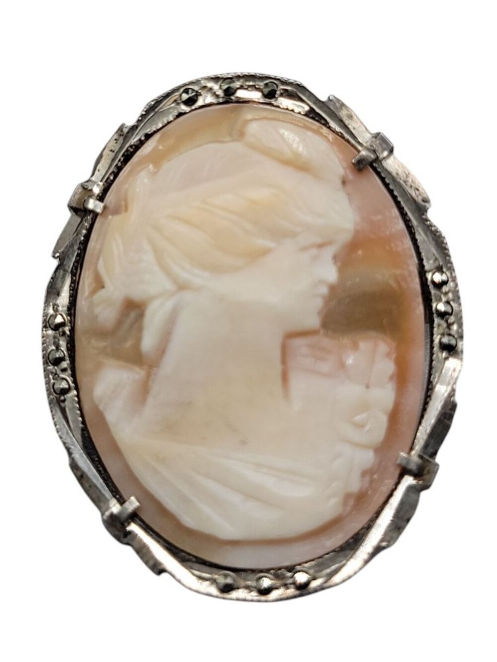 Antique 800 Silver Shell Cameo Brooch Italian Marcasite Studded Thin Delicate - Picture 12 of 12